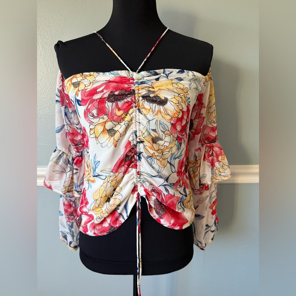 Guess White Off-Shoulder Floral Drawstring Top with Red & Yellow Blooms